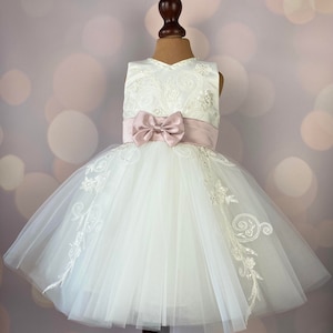 Lace Tulle Flower Girl Dress: Blush Sash, Knee Length