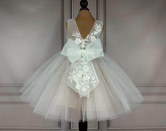 Blush Flower Girl Dress: 3D Floral Lace Tulle Gown