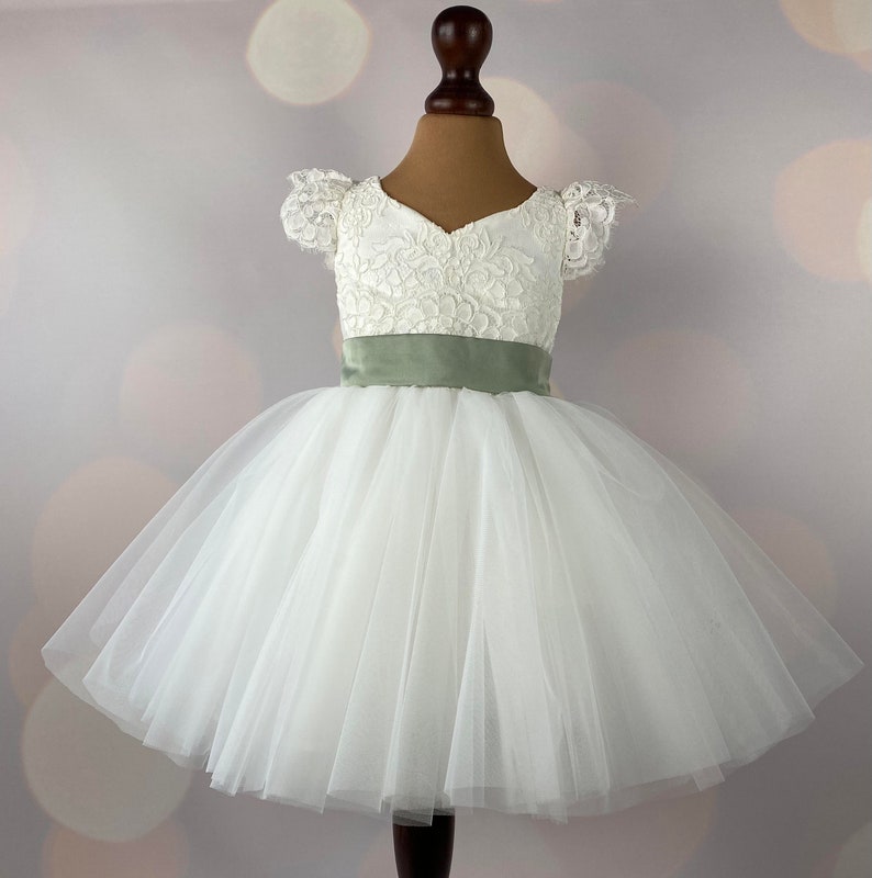 Flower girl dress, Sage dress, Birthday Dress, Baby Dress, Lace Dress, Tulle Dress, Wedding, MODEL IS004 image 2