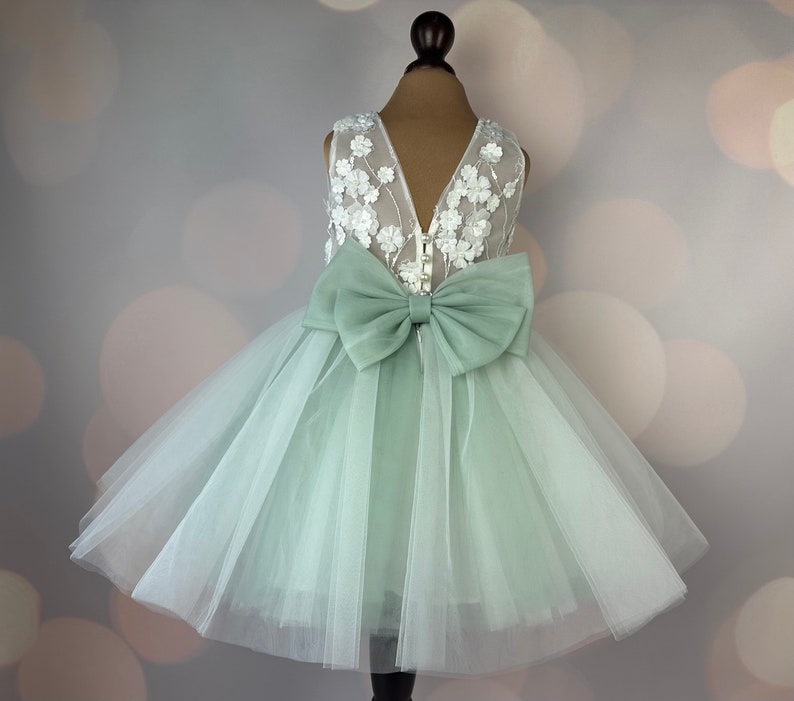 Robe de demoiselle d'honneur, vert sauge, robe 3D, robe d'anniversaire, robe de bébé, robe en dentelle, robe en tulle, mariage, robe champagne MODÈLE CHLOE SAGE image 3