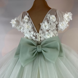 Flower girl dress, sage green, 3D dress, Sage dress, Birthday Dress, Baby Dress, Lace Dress, Tulle Dress, Wedding, MODEL IS101 image 4