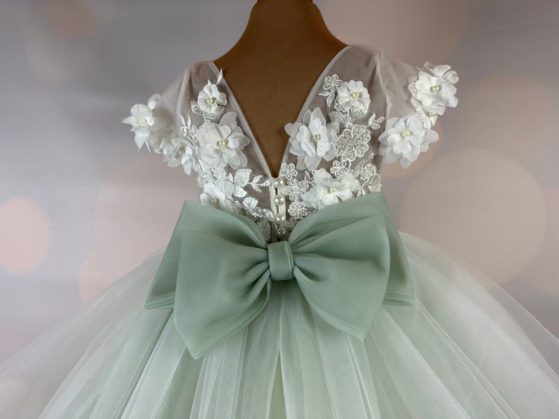 Flower girl dress, sage green, 3D dress, Sage dress, Birthday Dress, Baby Dress, Lace Dress, Tulle Dress, Wedding, MODEL IS101 image 4