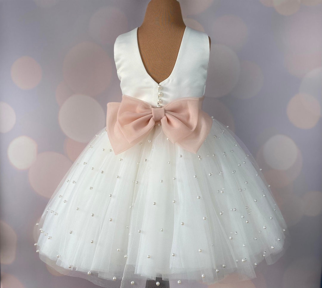 Ivory Flutter Sleeves Appliques Tulle Long Flower Girl Dress