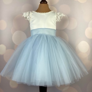 Lace cap sleeves gown, Flower girl dress, Blue dress,  Birthday Dress, Baby  Gown, Lace and Tulle Dress, Sky Blue wedding dress MODEL IBL038