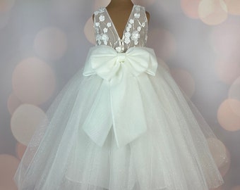 Robe de fille de fleur, ivoire, longueur de plancher, pleine longueur, robe de première communion, robe de bébé, robe en dentelle, robe en tulle, GLITTER, MODÈLE CHLOE