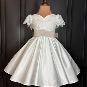 Satin Flower Girl Dress: Ivory Lace Top, Champagne Sash