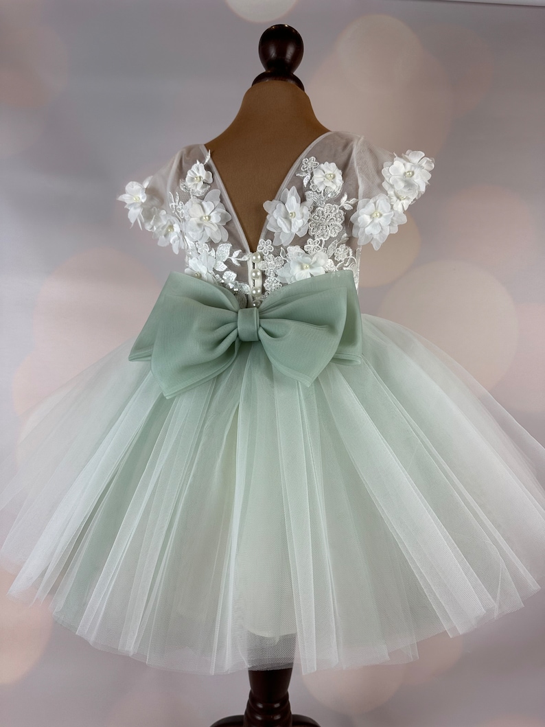 Flower girl dress, sage green, 3D dress, Sage dress, Birthday Dress, Baby Dress, Lace Dress, Tulle Dress, Wedding, MODEL IS101 image 6