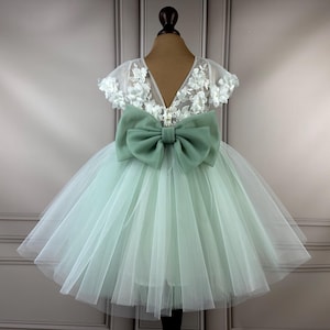 Sage Flower girl dress, sage green, 3D dress, Sage dress, Birthday Dress, Baby Dress, Lace Dress, Tulle Dress, Baptism Wedding, MODEL IS101