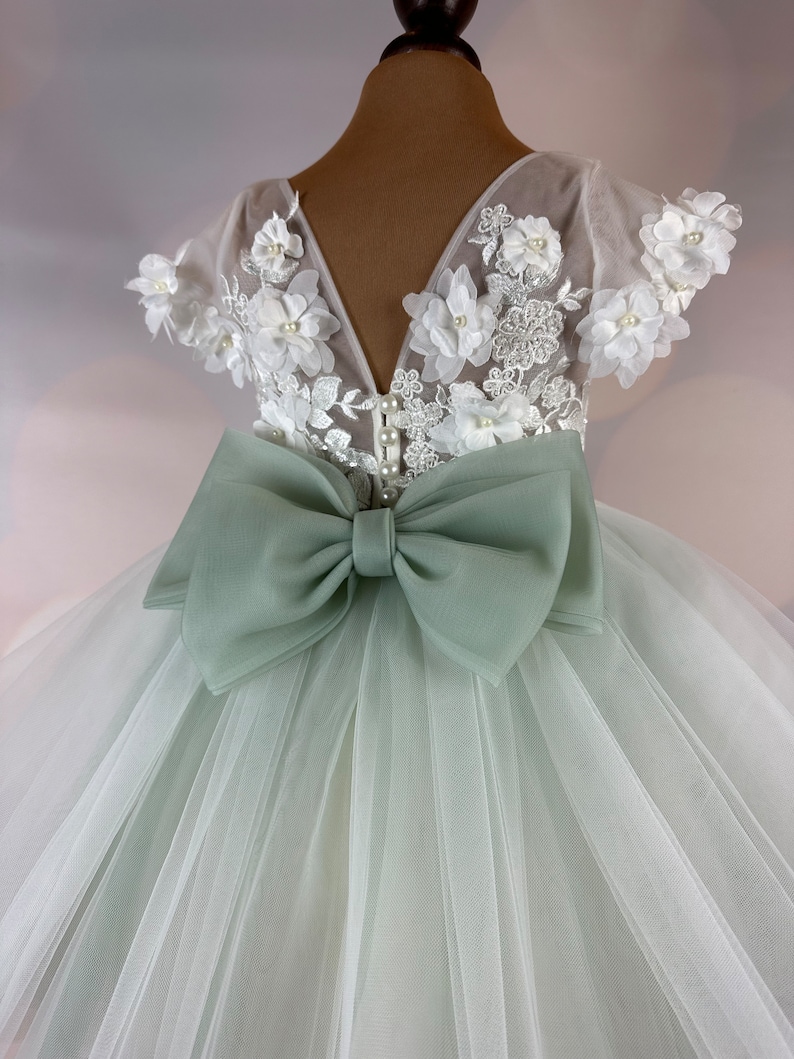 Flower girl dress, sage green, 3D dress, Sage dress, Birthday Dress, Baby Dress, Lace Dress, Tulle Dress, Wedding, MODEL IS101 image 5