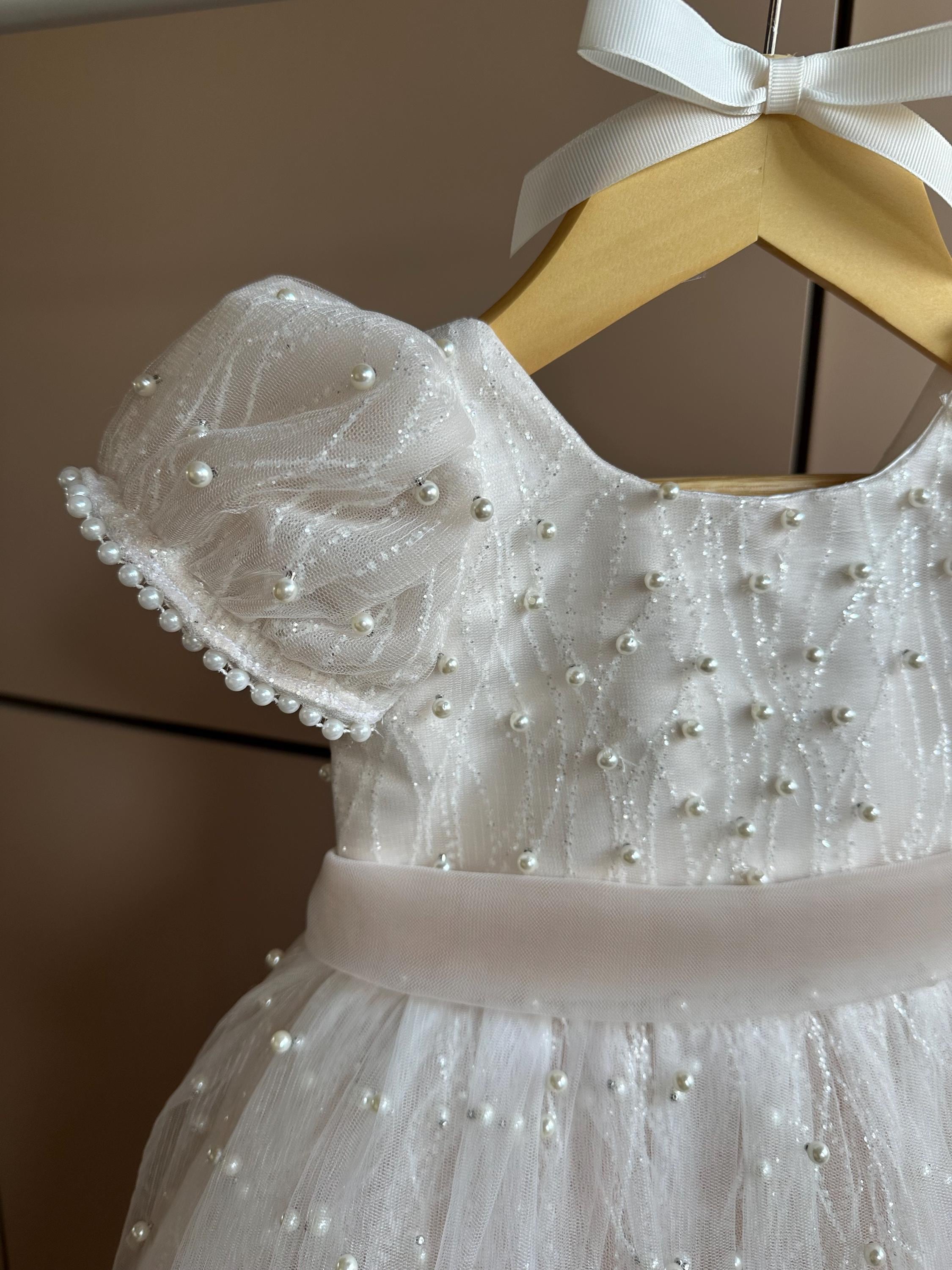 Champagne Pearl Brocade Christening Dress: Lace Flower Girl Gown