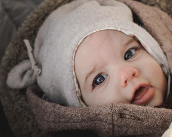 Autumn/Winter boiled wool hat, ear hat, baby hat, floral, natural melange, baby toddler wool boiled wool