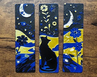 Marque-page chat noir : croissant de lune, motif floral céleste imprimé en 3D