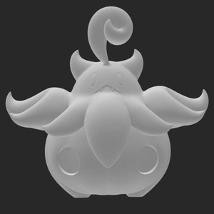 May include: A white 3D printed model of a cartoon creature with a large head, a small body, and a single horn on top of its head. The creature has a large, round mouth with two small teeth and two large, round eyes.