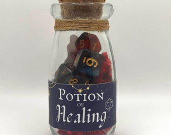 Jeu de dés mystère avec bouteille de potion de soins