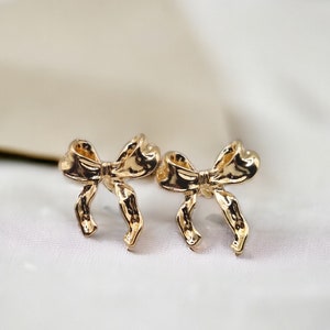 Ribbon Bow Earrings, Bowknot Earring Post With Ear Back,Bowtie Stud Earrings,Gold Plated Brass Bow knot Earring Stud Ribbon Bow Earrings