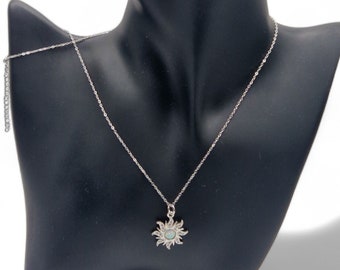Silver Opal Sun Necklace, Opal Necklace, Silver and Light Blue Sun Necklace, Fire Opal, Sun Light Blue Opal Pendant Necklace