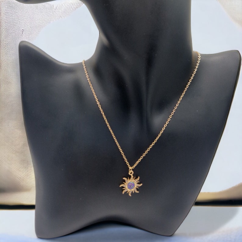 Opal Sun Necklace, Opal Necklace, Gold and Purple Sun Necklace, Fire opal, Purple Sun Purple Opal Pendant Necklace zdjęcie 4