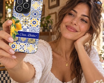 Funda para teléfono Ciao Bella, funda con diseño de limón y azulejos italianos, estampado de mayólica mediterránea, funda protectora azul y amarilla para iPhone.