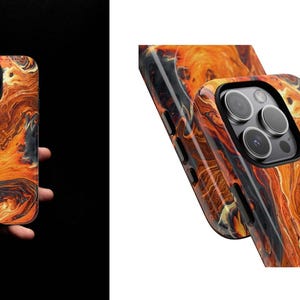 Puede incluir: Funda de tel&eacute;fono con un dise&ntilde;o abstracto en espiral en tonos naranja, marr&oacute;n y negro. La funda tiene un acabado brillante y un recorte para la c&aacute;mara. El logotipo de Craft House Cases es visible.