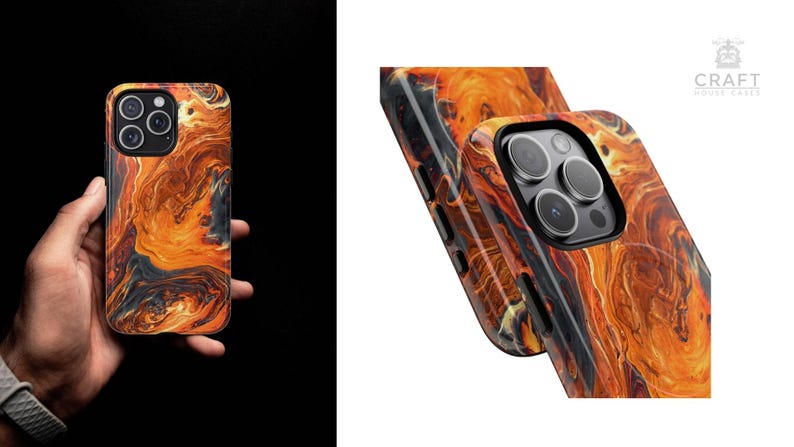 Puede incluir: Funda de tel&eacute;fono con un dise&ntilde;o abstracto en espiral en tonos naranja, marr&oacute;n y negro. La funda tiene un acabado brillante y un recorte para la c&aacute;mara. El logotipo de Craft House Cases es visible.
