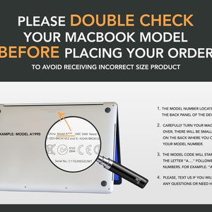 以下が含まれることがあります： MacBookのモデル番号を確認するための説明用グラフィック。シルバーのノートパソコンの背面パネル、モデルテキストを強調する拡大鏡、およびデバイス上のモデルコードを見つける方法を説明する4つの番号付きステップが表示されています。