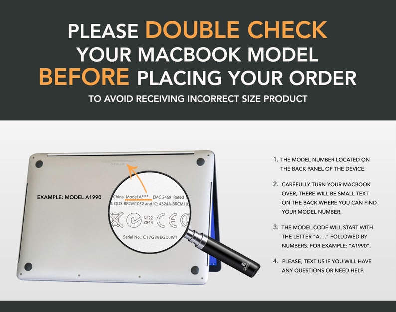 以下が含まれることがあります： MacBookのモデル番号を確認するための説明用グラフィック。シルバーのノートパソコンの背面パネル、モデルテキストを強調する拡大鏡、およびデバイス上のモデルコードを見つける方法を説明する4つの番号付きステップが表示されています。