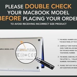 May include: A close-up of the back of a silver Macbook laptop. The model number is highlighted with a red arrow. The text on the back of the laptop reads "China Model A... EMC 2469 Rated QDS-BRCM1052 and IC: 4324A-BRCM10." The text "PLEASE DOUBLE CHECK YOUR MACBOOK MODEL BEFORE PLACING YOUR ORDER TO AVOID RECEIVING INCORRECT SIZE PRODUCT" is displayed at the top of the image.