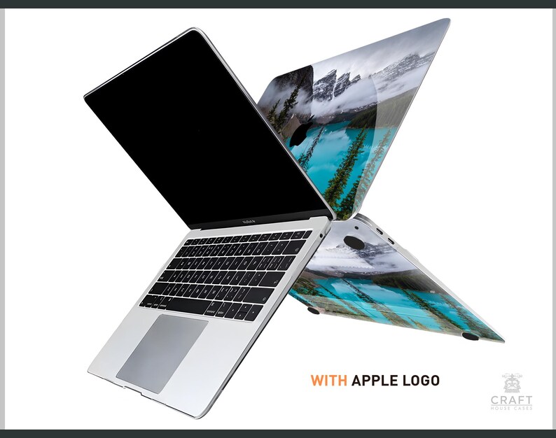 May include: A silver laptop computer with a black screen and a keyboard. The laptop has a colorful landscape design on the back. The text "WITH APPLE LOGO" is visible below the laptop.