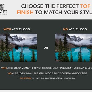 May include: A graphic showing two options for a phone case design. The first option shows a mountain lake scene with a visible Apple logo. The second option shows the same scene but with the Apple logo covered. Text reads "Choose the perfect top finish to match your style." "With Apple Logo" "No Apple Logo" "The bottom will have the same print design as on the top."