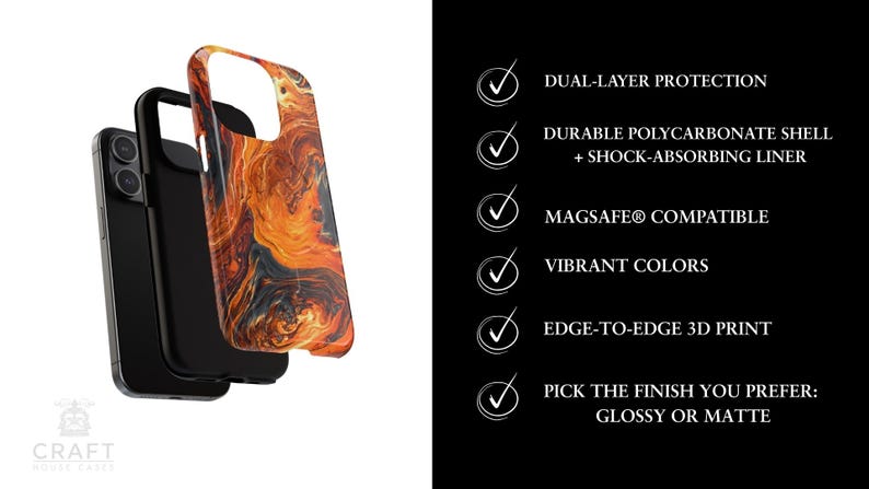 Puede incluir: Una funda de tel&eacute;fono con un dise&ntilde;o abstracto naranja y negro. La funda se muestra en tres partes, con la carcasa exterior separada. El texto de la derecha enumera las caracter&iacute;sticas: protecci&oacute;n de doble capa, compatible con MagSafe y colores vibrantes.