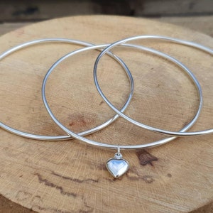 Heart Charm Bangle Bracelet. 925 Sterling Silver. Handmade. Chunky Dainty Minimalist Stacking Bangle. Size made to order. Gift