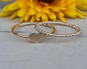 Handmade 9ct Gold Heart Ring and Beaded Ring Stacking Set. Dainty, Minimalist, Pretty Rings, Real Gold, Birthday Gift for Her, Various Size