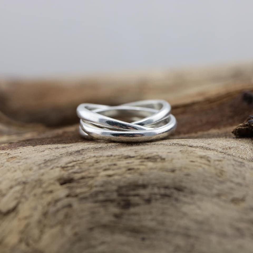 Bague Argent Massif 925 Trio Art Déco - Taille 48, Occasion, Style Jonc