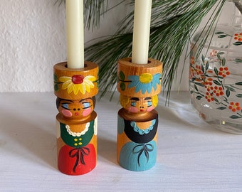 A sustainable gift: cute painted vintage wooden candlestick figures