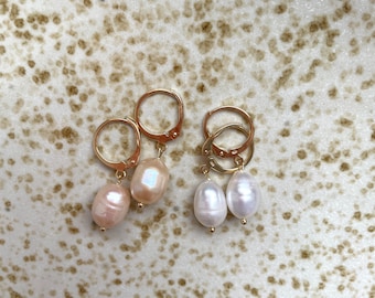 Pearl earrings Sterling real gold plated Sterling silver * Mini creole with pearl pendant