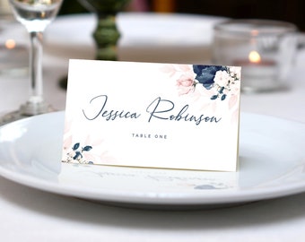 Wedding Place Card Template, Navy Blue and Blush Pink Floral Card, printable template