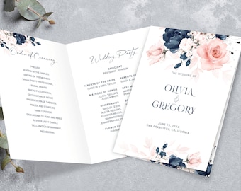 Navy Blue and Blush Pink Wedding Program, Booklet program, Wedding Printable Template.