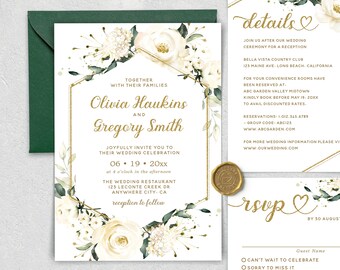 Ivory Rose Geometric Wedding Invitation Template Set, Lovely Florals Wedding Invite, Printable Template