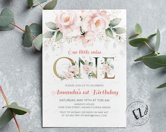 Blush Pink Floral Birthday Invitation, Any Age Editable, Floral Invitation, Printable template