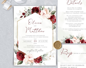 Burgundy Floral Gold Geometirc Wedding Invitation Template Set, Printable Floral Wedding Invitation Template