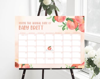 Peach Baby Shower Due Date Calendar Game Sign, Printable Guess the Arrival Date Sign, Editable Baby Prediction Template.