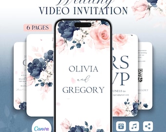 Wedding Video Invitation Template: Navyblue Floral Animated Invite(Canva Editable)
