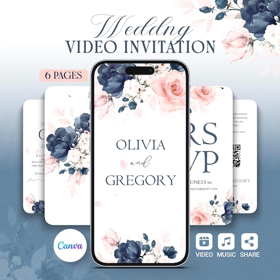 Wedding Video Invitation Template: Navyblue Floral Animated Invite(Canva Editable)