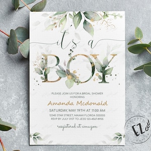 Greenery Baby Shower Invitation, It's a Boy Baby Shower Invitation, editable template