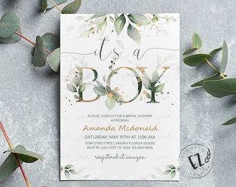 Greenery Baby Shower Invitation, It's a Boy Baby Shower Invitation, editable template