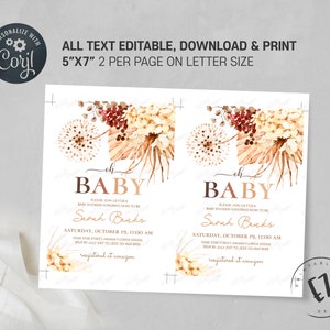 Boho Baby Shower Invitation, Terracotta Burnt Orange Oh Baby Invitation, editable template image 3