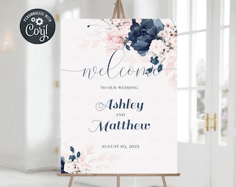 Navy Blue and Blush Pink Floral Wedding Welcome Sign Template, Floral Printale Welcome Board, editable template