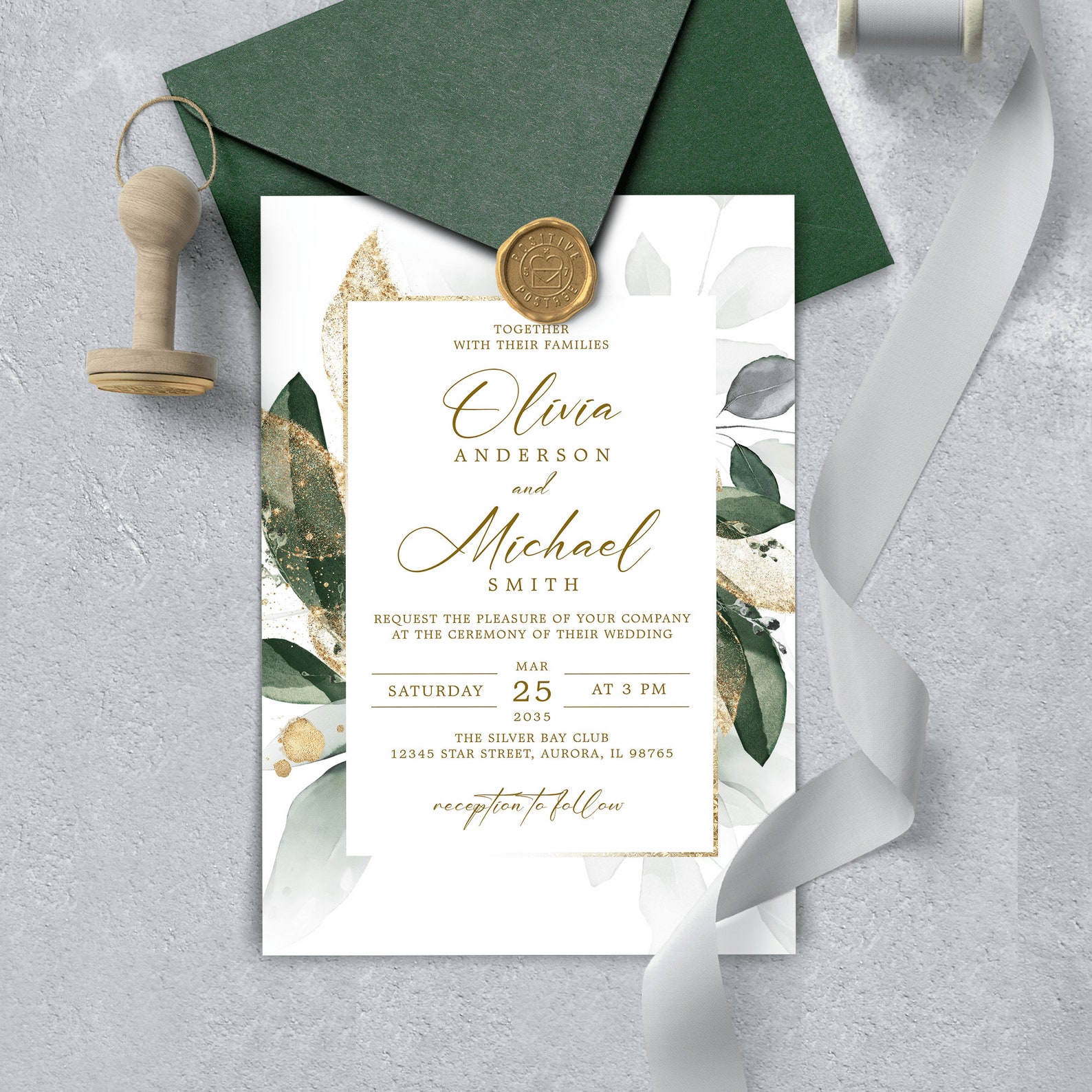 Eucalyptus Wedding Invitation Template Editable Gold Leaves - Etsy