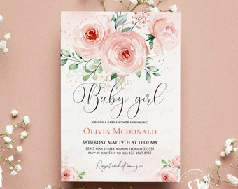 May include: A pink and green baby shower invitation with a floral design and the text "Baby girl" in cursive. The invitation includes the name Olivia McDonald, the date and time of the shower, the address, and the RSVP information. It also includes the text "Registered at amazon".