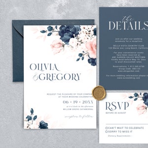 Set di modelli per invito di nozze blu navy e rosa blush, pacchetto di inviti di nozze floreali stampabili